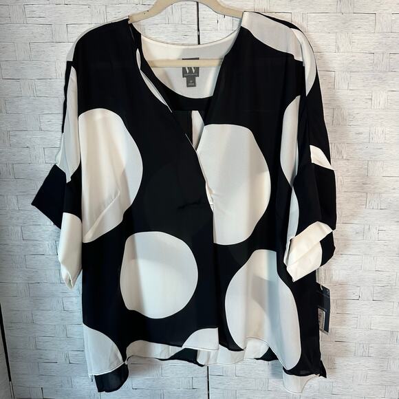 Worthington women’s oversized blouse mod style large polkadots, black white - Picture 1 of 8